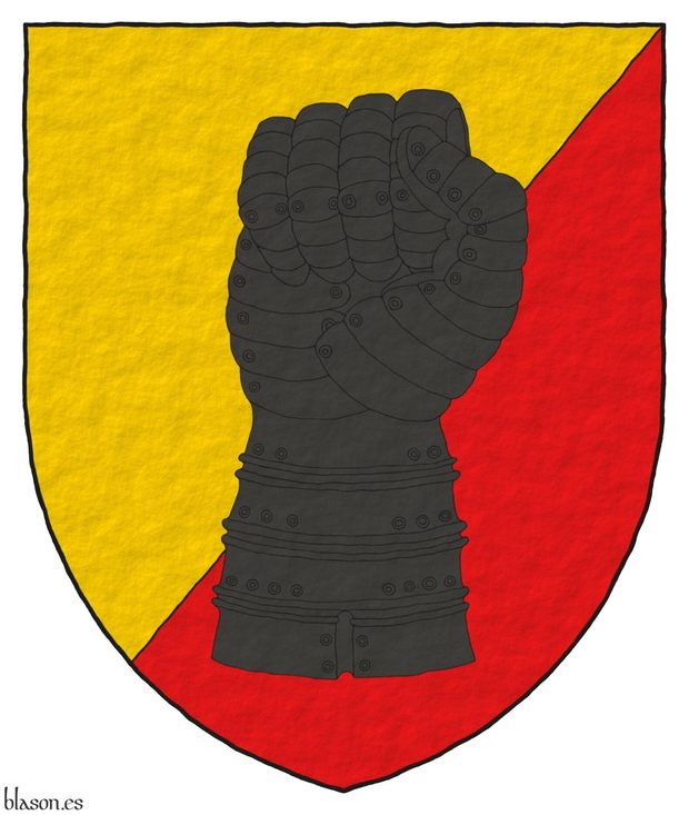 Party per bend sinister Or and Gules, a clenched gauntlet Sable.