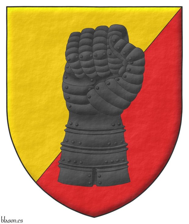 Party per bend sinister Or and Gules, a clenched gauntlet Sable.