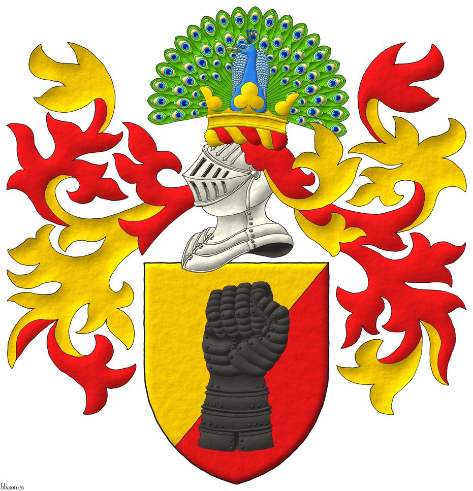 Escudo tajado de oro y gules; brochante sobre la particin un guantelete de sable, puesto en palo. Timbrado de un yelmo, adornado de dos lambrequines de gules doblados de oro, un burelete de oro y gules, cimado de una corona trebolada sumada de un pavo real ruante al natural.