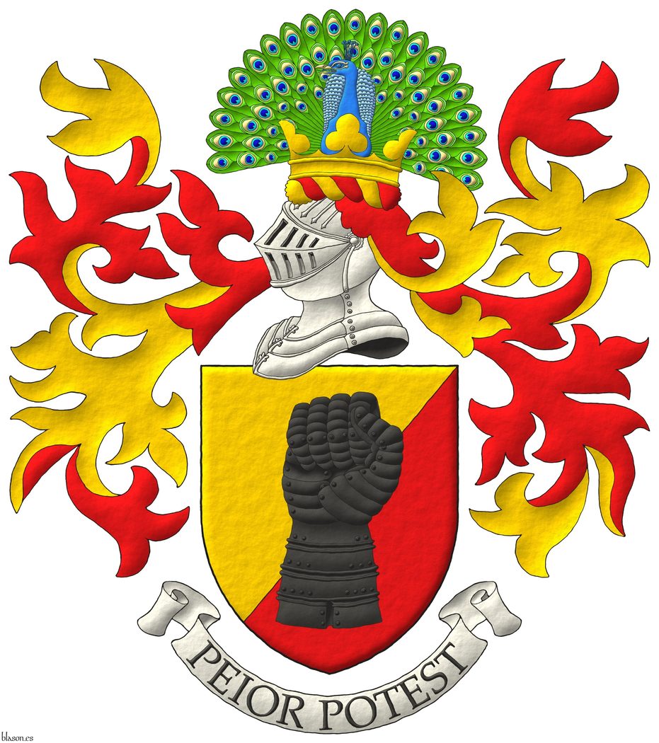 Escudo tajado de oro y gules; brochante sobre la particin un guantelete de sable, puesto en palo. Timbrado de un yelmo, adornado de dos lambrequines de gules doblados de oro, un burelete de oro y gules, cimado de una corona trebolada sumada de un pavo real ruante al natural. Lema: Peior potest.