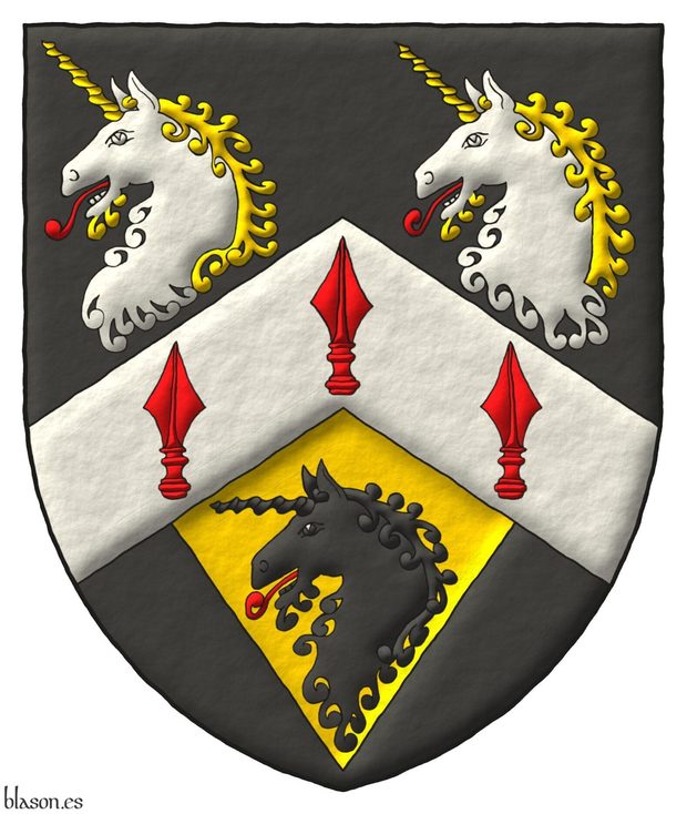 Escudo de sable, un cabrio de plata con tres puntas de lanza de gules; en jefe, dos cabezas de unicornio arrancadas de plata, cabelladas y acornadas de oro, lampasadas de gules; en punta, una pila de oro, moviente del cabrio, cargada de una cabeza de unicornio de sable, lampasada de gules.