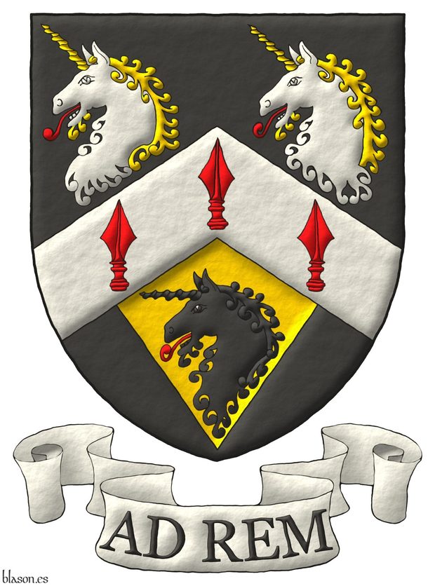 Escudo de sable, un cabrio de plata con tres puntas de lanza de gules; en jefe, dos cabezas de unicornio arrancadas de plata, cabelladas y acornadas de oro, lampasadas de gules; en punta, una pila de oro, saliente del cabrio, cargada de una cabeza de unicornio de sable, lampasada de gules. Lema: Ad rem.