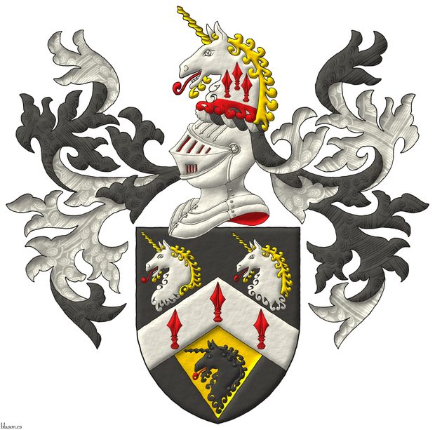 Escudo de sable, un cabrio de plata con tres puntas de lanza de gules; en jefe, dos cabezas de unicornio arrancadas de plata, cabelladas y acornadas de oro, lampasadas de gules; en punta, una pila de oro, saliente del cabrio, cargada de una cabeza de unicornio de sable, lampasada de gules. Timbrado de un yelmo, adornado de dos lambrequines de sable doblados de plata, un burelete de plata y sable, cimado de una cabeza de unicornio de plata, arrancada de gules, cabelladas y acornadas de oro, lampasadas de gules, cargada sobre el cuello con tres puntas de lanza de gules.