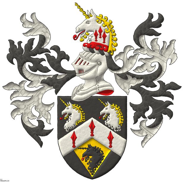 Escudo de sable, un cabrio de plata con tres puntas de lanza de gules; en jefe, dos cabezas de unicornio arrancadas de plata, cabelladas y acornadas de oro, lampasadas de gules; en punta, una pila de oro, moviente del cabrio, cargada de una cabeza de unicornio de sable, lampasada de gules. Timbrado de un yelmo, adornado de dos lambrequines de sable y plata, un burelete de plata y sable, cimado de una cabeza de unicornio de plata, arrancada de gules, cabelladas y acornadas de oro, lampasadas de gules, cargada sobre el cuello con tres puntas de lanza de gules.