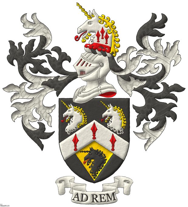 Escudo de sable, un cabrio de plata con tres puntas de lanza de gules; en jefe, dos cabezas de unicornio arrancadas de plata, cabelladas y acornadas de oro, lampasadas de gules; en punta, una pila de oro, saliente del cabrio, cargada de una cabeza de unicornio de sable, lampasada de gules. Timbrado de un yelmo, adornado de dos lambrequines de sable doblados de plata, un burelete de plata y sable, cimado de una cabeza de unicornio de plata, arrancada de gules, cabelladas y acornadas de oro, lampasadas de gules, cargada sobre el cuello con tres puntas de lanza de gules. Lema: Ad rem.