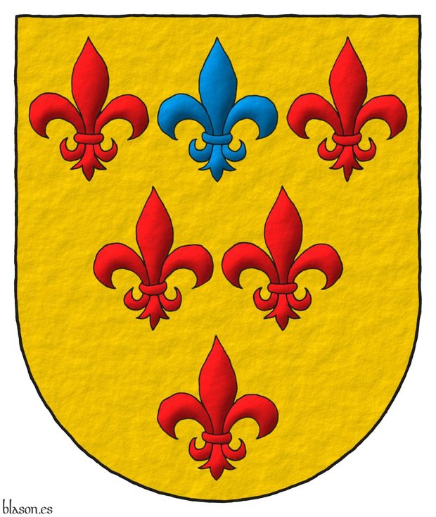 Escudo de oro, seis flores de lis ordenadas, tres, dos y una, cinco de gules y una de azur en el centro del jefe.