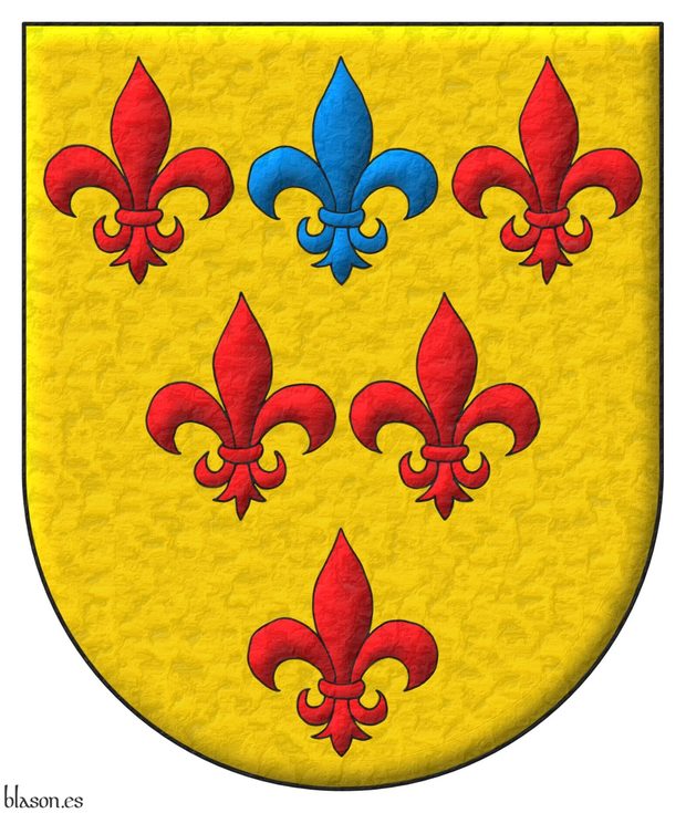 Or, six fleurs de lis, three, two, one, five Gules and one in the middle of the chief Azure.