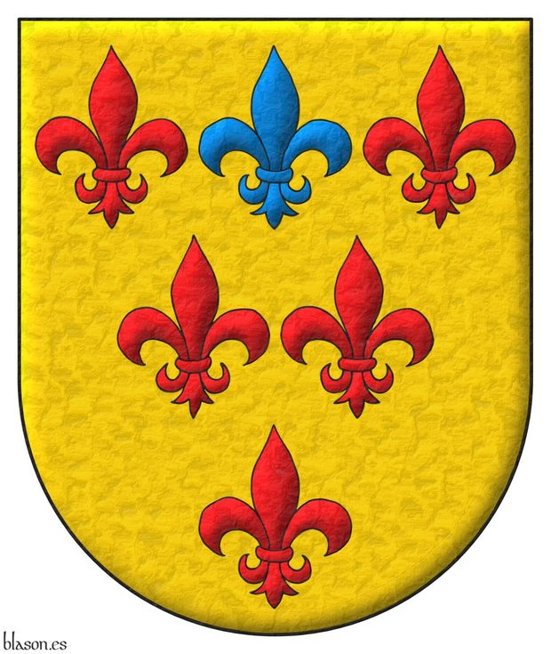 Escudo de oro, seis flores de lis ordenadas, tres, dos y una, cinco de gules y una de azur en el centro del jefe.