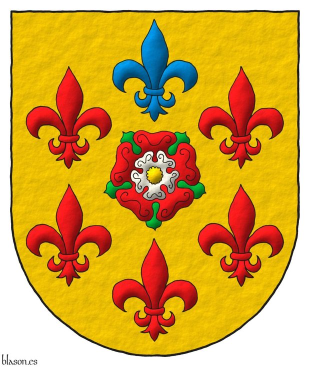 Escudo de oro, una rosa doble de gules y plata, barbada de sinople y botonada de oro, rodeada de seis flores de lis en orla, cinco de gules y una de azur en jefe.