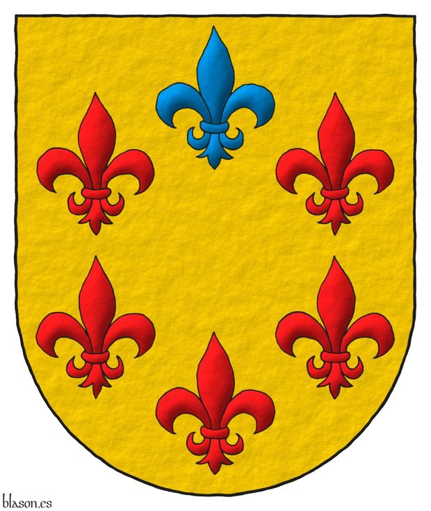 Or, six fleurs de lis in orle, five Gules and one in chief Azure.