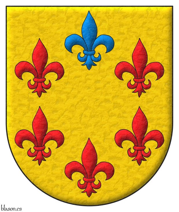 Or, six fleurs de lis in orle, five Gules and one in chief Azure.