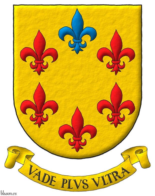 Escudo de oro, seis flores de lis en orla, cinco de gules y una de azur en jefe. Lema: Vade Plvs Vltra.