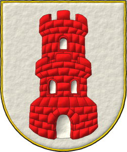 Escudo de plata, una torre donjonada de gules, aclarada de plata, mazonada de sable.