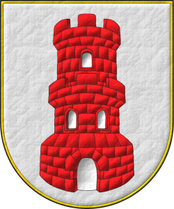 Escudo de plata, una torre donjonada de gules, aclarada de plata, mazonada de sable.