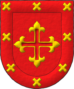 Escudo de gules, una cruz hueca flordelisada de oro; bordura de gules, ocho sotueres de oro.