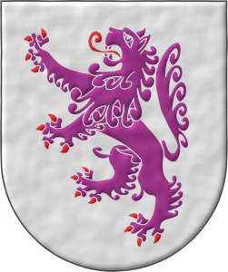 Escudo de plata, un león rampante de púrpura, armado y lampasado de gules.