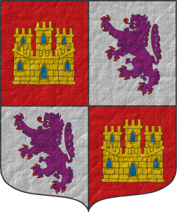 Escudo cuartelado: 1o y 4o de gules, un castillo de oro, aclarado de azur, mazonado de sable; 2o y 3o de plata, un len rampante de prpura, armado y lampasado de gules.