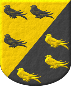 Escudo tajado: 1o de oro, tres marletas de sable; 2o de sable, tres marletas de oro.