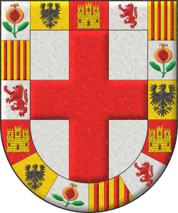 Escudo de plata, una cruz de gules; una bordura componada de quince compones: 1o, 6o y 11o de plata, una granada al natural, tajada de gules, tallada y hojada de sinople; 2o, 7o y 12o de oro, un guila de sable; 3o, 8o y 13o de gules, un castillo de oro, aclarado de gules, mazonado de sable; 4o, 9o y 14o de plata, un len rampante de gules, coronado de oro; 5o, 10o y 15o de oro, cuatro palos de gules.