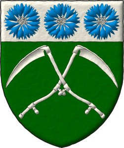 Escudo de sinople, dos guadaas de plata en sotuer; el jefe de plata, tres flores de aciano de azur, botonadas de plata.