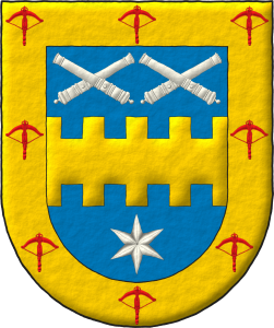 Escudo de azur, una faja bretesada de oro, acompa�ada en jefe de dos pares de tubos de ca�ones desmontados puestos en dos sotueres, en punta de una estrella de seis puntas todo de plata; una bordura de oro, cargada de ocho ballestas de gules.