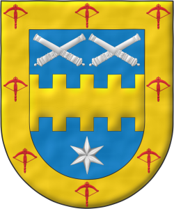Escudo de azur, una faja bretesada de oro, acompa�ada en jefe de dos pares de tubos de ca�ones desmontados puestos en dos sotueres, en punta de una estrella de seis puntas todo de plata; una bordura de oro, cargada de ocho ballestas de gules.