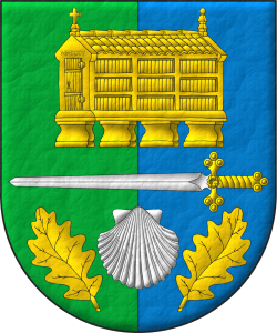 Escudo partido de sinople y azur, brochante sobre el todo una espada puesta en faja de plata, guarnecida de oro, acompaada en jefe de un hrreo de oro, y en punta de una venera de plata acompaada de dos hojas de roble en pila de oro.