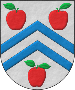 Escudo de plata, dos tenazas de azur acompañadas de tres manzanas de gules, talladas y hojadas de sinople.