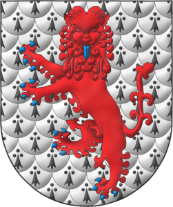 Escudo de armios papelonado, un leopardo leonado de gules, armado y lampasado de azur.