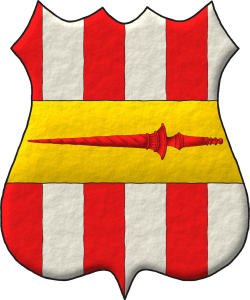 Escudo palado de seis piezas de gules y plata; brochante sobre el todo, una faja de oro cargada de una lanza de gules.