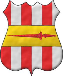 Escudo palado de seis piezas de gules y plata; brochante sobre el todo, una faja de oro cargada de una lanza de gules.