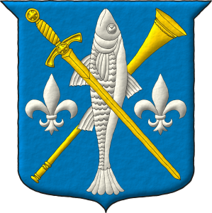 Escudo de azur, una trompeta puesta en barra de oro, resaltada de una pez hauriante de plata, resaltado de un espada puesta en banda bajada de oro, todos acompaados de dos flores de lis en faja de plata.