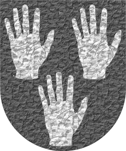 Escudo de sable, tres manos diestras levantadas y apalpadas de plata.