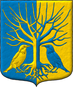 Escudo partido de azur y oro, un árbol arrancado y deshojado del uno al otro acompañado de dos estorninos afrontados del uno en el otro.
