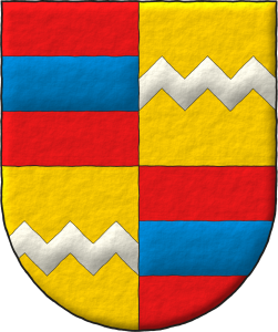 Escudo cuartelado: 1o y 4o de gules, una faja de azur; 2o y 3o de oro, una faja encajada de plata.