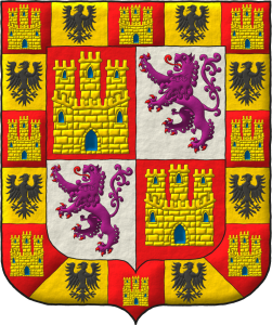 Escudo de cuartelado: 1o y 4o de gules, un castillo de oro, aclarado de azur, mazonado de sable; 2o y 3o de plata, un len rampante de prpura, armado y lampasado de gules; una bordura componada de dieciseis compones: ocho de gules, un castillo de oro, aclarado de azur, mazonado de sable, ocho de oro, un guila de sable.