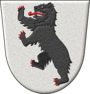 Escudo de plata, un oso rampante de sable, lampasado y armado de Gules.