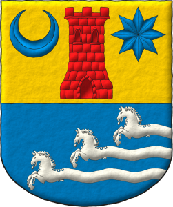 Escudo cortado: 1o de oro, una torre de gules, acompaada en el cantn diestro del jefe de un creciente, y en el siniestro de una estrella de ocho puntas, ambos de azur. 2o de azur, tres caballos corriendo, en barra, nacientes, cada uno, de una onda moviente del flanco siniestro, todo de plata.