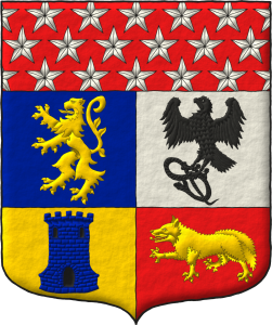 Escudo cuartelado: 1o de azur, un len rampante de oro; 2o de plata, un halcn azorado, teniendo en sus garras una sierpe ambos de sable; 3o de oro, una torre de azur, aclarada y mazonada de sable; 4o de gules, un zorro pasante de oro; un jefe de gules sembrado de estrellas de cinco puntas de plata.