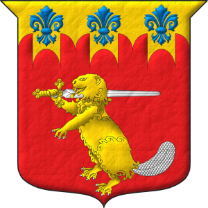 Escudo de gules, un castor erguido de oro, armado y el rabo de plata, teniendo sobre su hombro diestro una espada de plata, guarnecida de oro; en un jefe almenado gibelino de oro tres flores de lis de azur.
