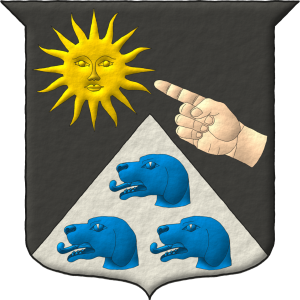 Escudo de sable, mantelado en punta de plata, en la diestra del jefe un sol de oro, apuntado desde la siniestra por una mano diestra puesta en banda de carnacin, en la punta tres cabezas de perro braco de azur, 1 y 2.