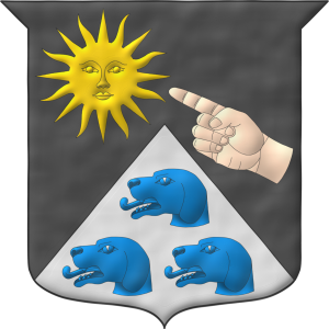 Escudo de sable, mantelado en punta de plata, en la diestra del jefe un sol de oro, apuntado desde la siniestra por una mano diestra puesta en banda de carnacin, en la punta tres cabezas de perro braco de azur, 1 y 2.