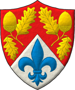 Escudo de gules, mantelado en punta de plata, en jefe dos bellotas talladas y hojadas de oro y en punta una flor de lis de azur.