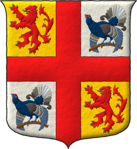 Escudo cuartelado de oro y plata; brochante sobre la partici�n, una cruz plena de gules cantonada: en 1o y 4o, de un le�n rampante de gules, armado y lampasado de azur; en 2o y 3o, de un gallo lira posado al natural.