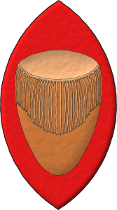 Escudo de gules, un tambor real de Bunyoro-Kitara al natural.
