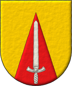 Escudo de oro, una pira de gules cargada de una espada alzada de plata.