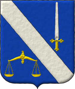 Escudo de azur, una banda de plata, acompa�ada en jefe de una espada alzada de plata, guarnecida de oro, y en punta de una balanza de oro.