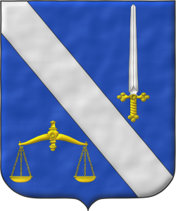 Escudo de azur, una banda de plata, acompa�ada en jefe de una espada alzada de plata, guarnecida de oro, y en punta de una balanza de oro.