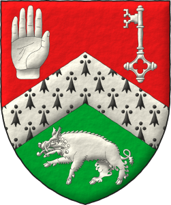 Escudo mantelado en punta de gules y sinople, brochante sobre el todo un cabrio de armio acompaado, en la diestra del jefe, de una mano diestra apalmada y cortada por la mueca, en la siniestra del jefe, de una llave puesta en palo, con el dentado hacia la diestra del jefe, y en la punta, de un jabal pasante de todo de plata.