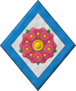 Escudo de plata, una multi-rosa, que es una rosa cargada de diez rosas unidas en orla todas de rosa, barbadas de sinople, botonadas de oro; una bordura de azur.